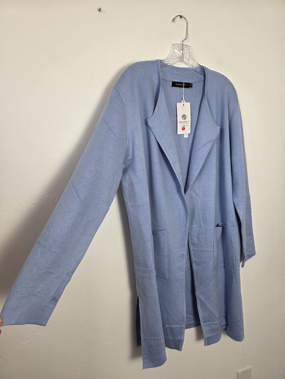NEW Merokeety Thick Wool Blend Longline Cardigan Duster Sweater Cozy Blue Large